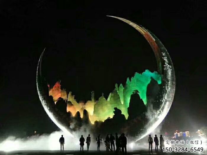 城市月亮雕塑，网格体育雕塑，古铜效果