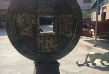 公园铜钱雕塑，喷砂仿古雕塑，锻造工艺
