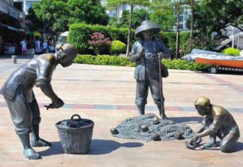 喷漆渔民雕塑 中式村口民俗雕塑 草地捕鱼雕塑