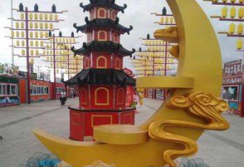 街道月牙雕塑 现代雕塑 彩绘月亮牙雕塑
