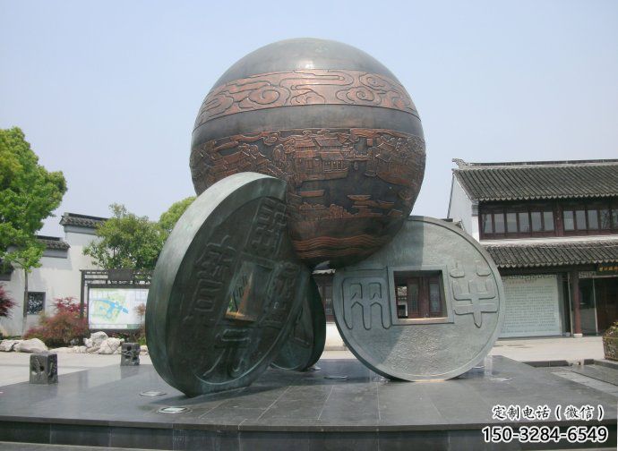 大门口古币雕塑 发光公园雕塑 仿真铜币雕塑