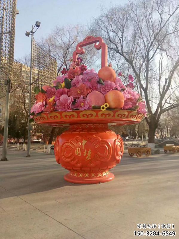 小花篮雕塑承接，景区案例，运动花朵花篮雕塑承接