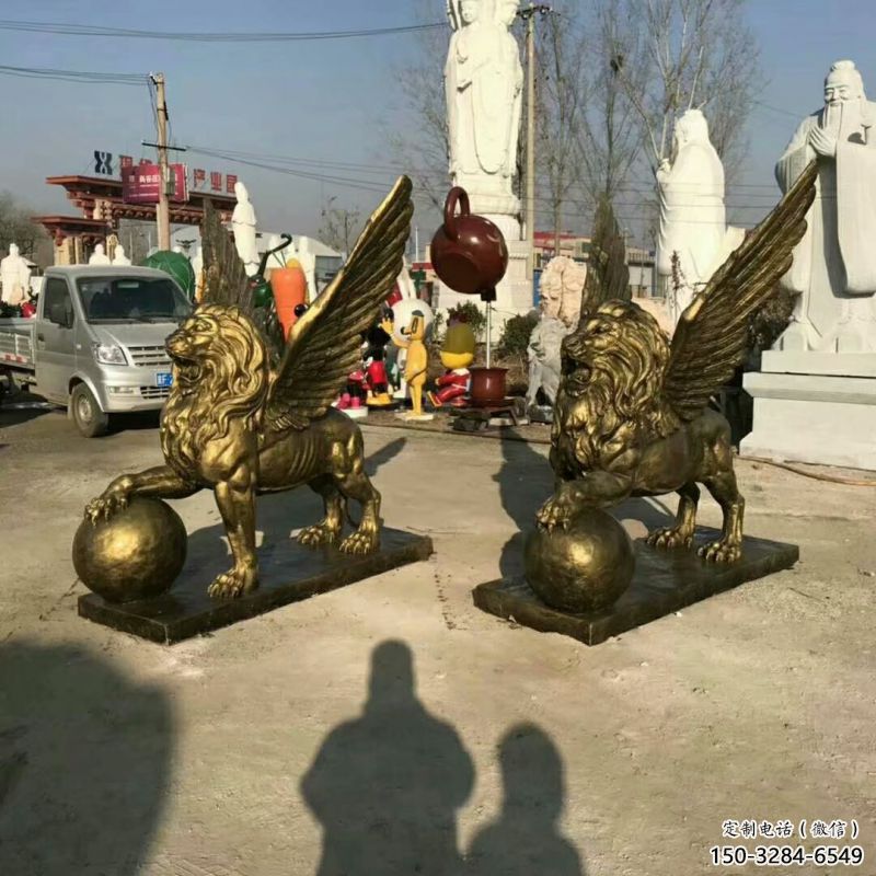 青铜狮子雕塑观赏型，露天雕塑，户外飞狮雕塑订做