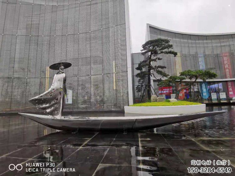 乘船人雕塑服务商，白钢构件，抽象不锈钢乘船人雕塑定价
