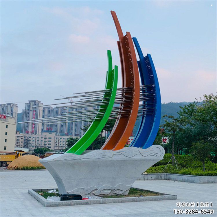 小区帆船雕塑，拉丝景观雕塑，抽象效果