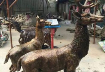 铜鹿雕塑，铸铜动物雕塑