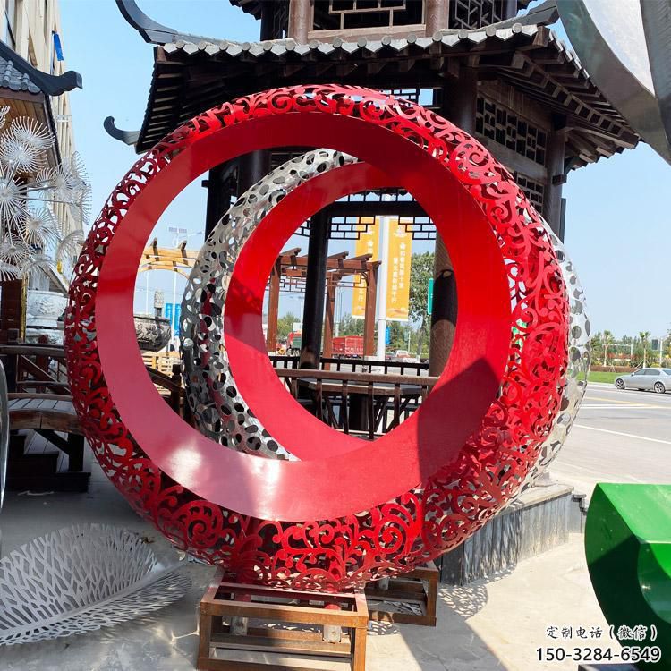 双环雕塑生产，镂空烤漆工艺，不锈钢双环雕塑制作