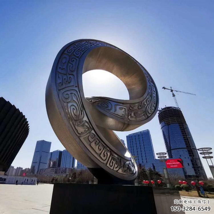 金属双环雕塑承接，陆地摆件，不锈钢双环雕塑制造商