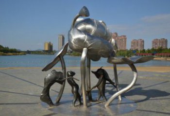 宜春莲蓬嬉戏雕塑，城市植物景观雕塑，不锈钢镜面效果